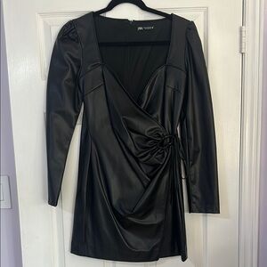 Black Faux Leather Wrap Dress